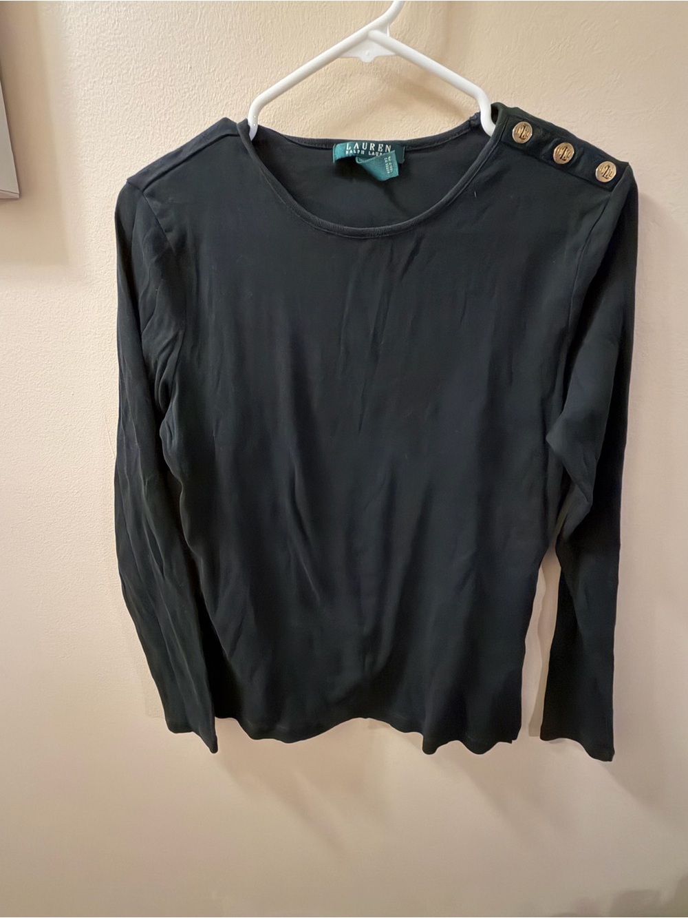 Lauren Ralph Lauren Black Long-Sleeve Button Shoulder Top size L